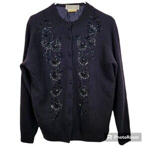 ViVien Forest Vintage Lambswool Angora Blend Beaded Sequin Cardigan Size Small
